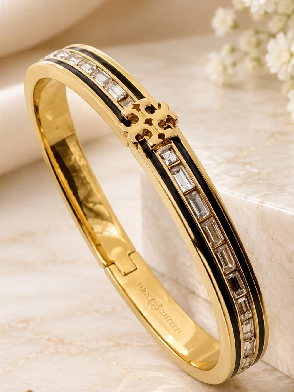 Tory Burch Gold and Black Enamel Logo Bangle with Crystal Accents